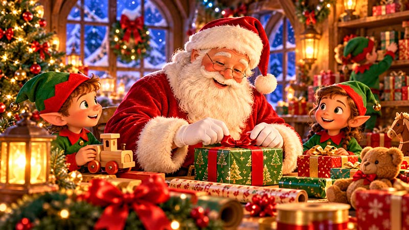Santa and his elves working in the North Pole workshop