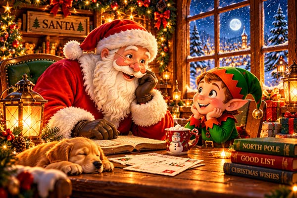 Santa having a cheerful conversation with an elf inside his cozy North Pole workshop
