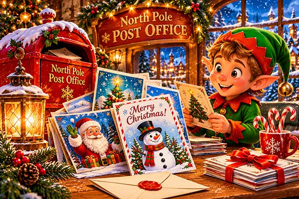 A cheerful North Pole elf surrounded by colorful Christmas greeting cards in Santa's post office