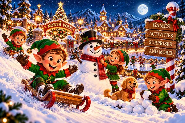 Cheerful North Pole elves playing in the snow with a snowman and puppy