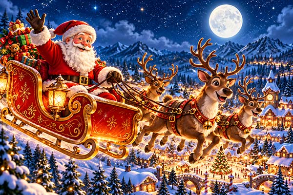 Santa waving from his sleigh as reindeer fly over the snowy North Pole village